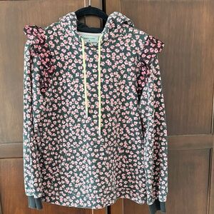 Sandy Liang Gray Hoodie with Pink Floral Print and Ruffle Shoulders